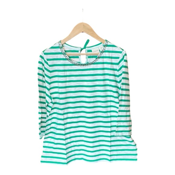 Chico's Tops - Chico's Green and White Striped Top with Embellished Neckline - Size 3P (16P)